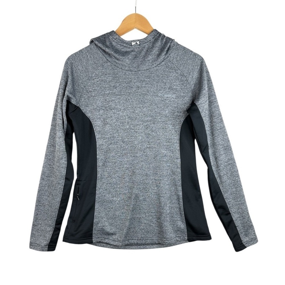 Columbia Gray Lightweight Hooded Sweatshirt Black Trim Thumb Holes Womens Medium